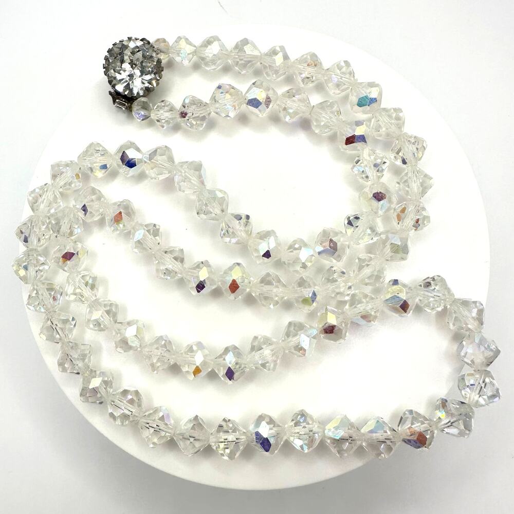 1950s vintage clear faceted glass aurora borealis AB beads beaded 26" necklace